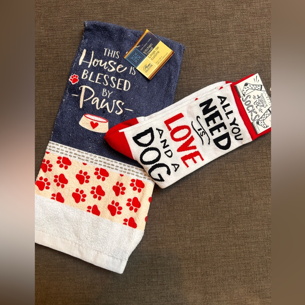 5/$25 Bundle Dog lover Bundle Tea towel and socks